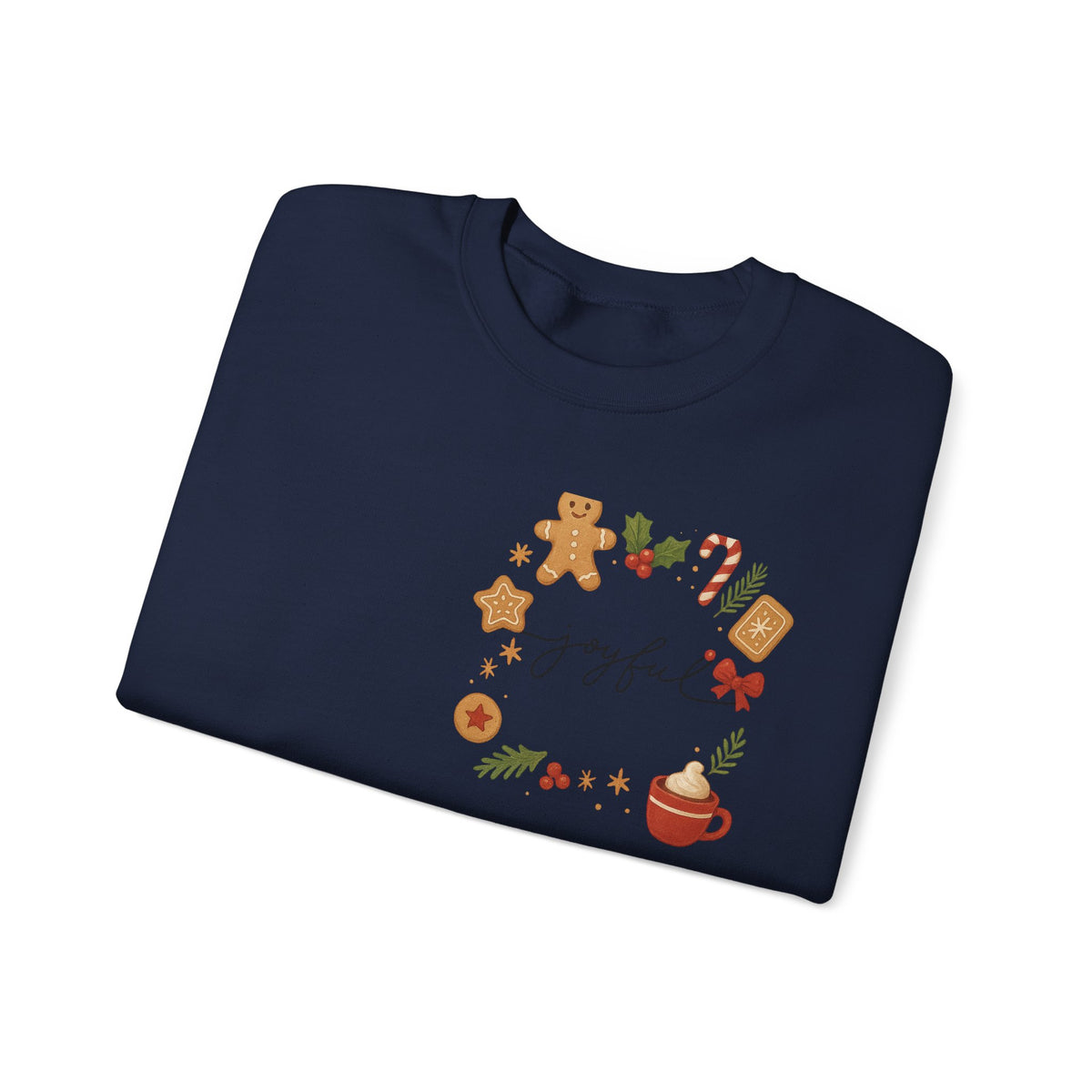 Cozy Christmas Wreath Sweatshirt — "Joyful" Holiday Cookie & Cocoa Crewneck