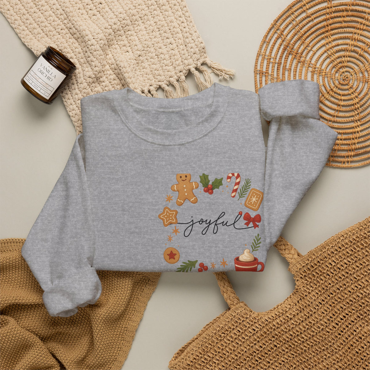 Cozy Christmas Wreath Sweatshirt — "Joyful" Holiday Cookie & Cocoa Crewneck