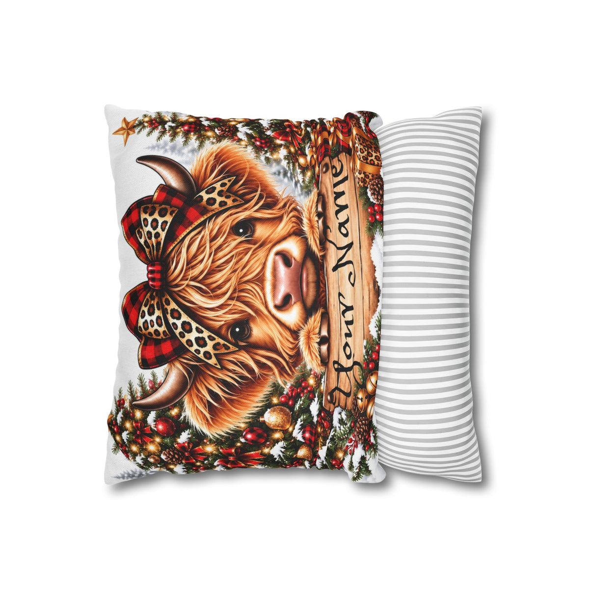 “Heifer Christmas Series”, Personalized Highland Cow Christmas Pillowcase — Spun Polyester Square Pillow