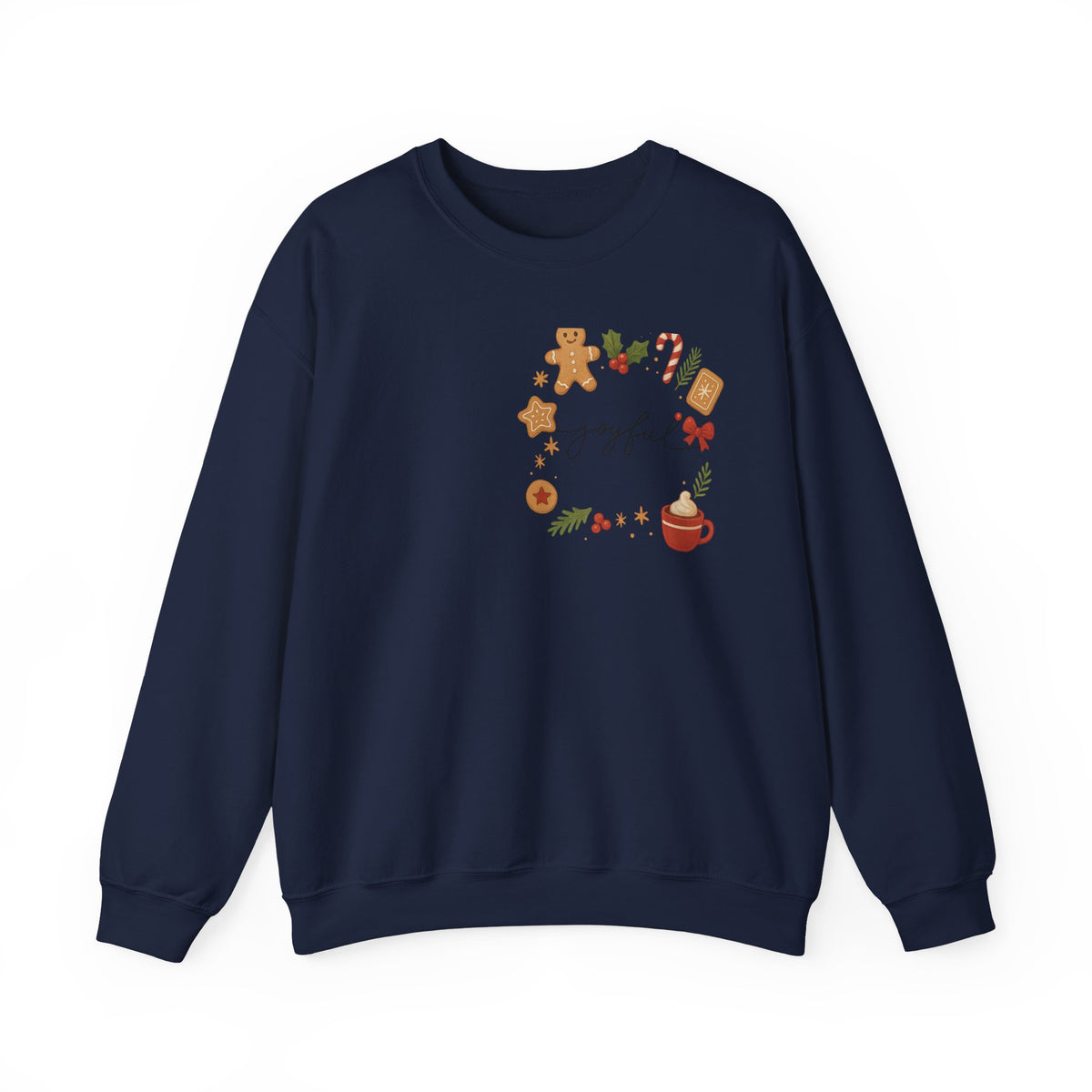 Cozy Christmas Wreath Sweatshirt — "Joyful" Holiday Cookie & Cocoa Crewneck