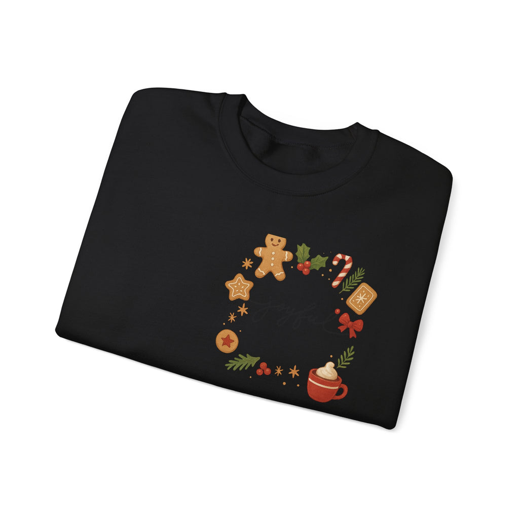 Cozy Christmas Wreath Sweatshirt — "Joyful" Holiday Cookie & Cocoa Crewneck