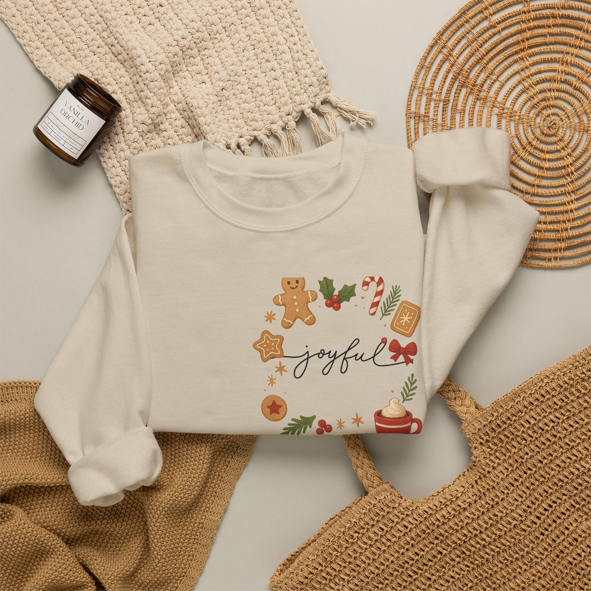 Cozy Christmas Wreath Sweatshirt — "Joyful" Holiday Cookie & Cocoa Crewneck