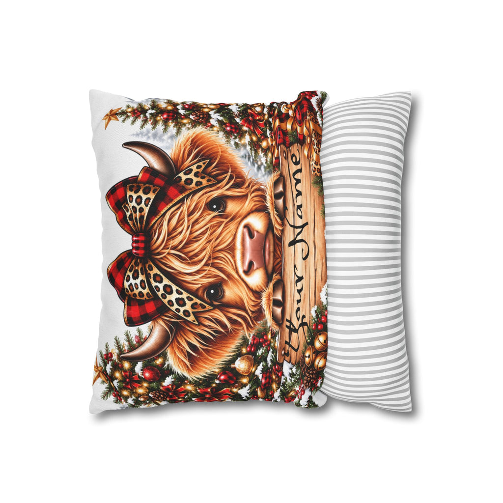 “Heifer Christmas Series”, Personalized Highland Cow Christmas Pillowcase — Spun Polyester Square Pillow
