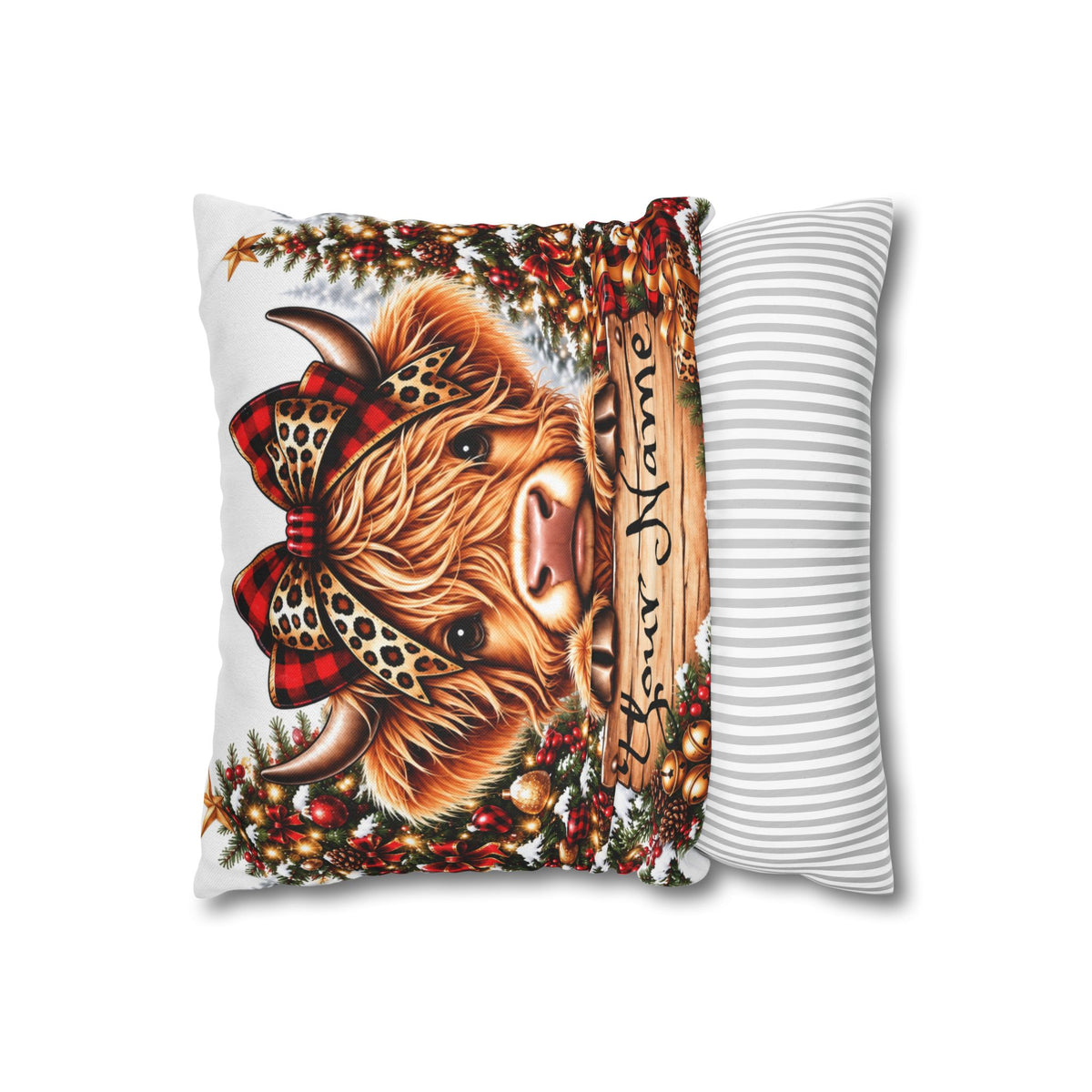 “Heifer Christmas Series”, Personalized Highland Cow Christmas Pillowcase — Spun Polyester Square Pillow