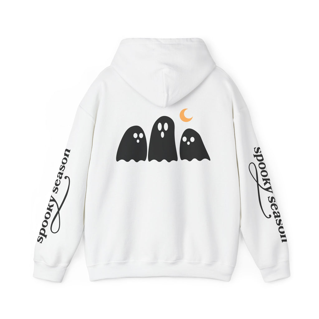 Spooky Season Ghosts Hoodie — Cute Halloween Pullover with Sleeve Text