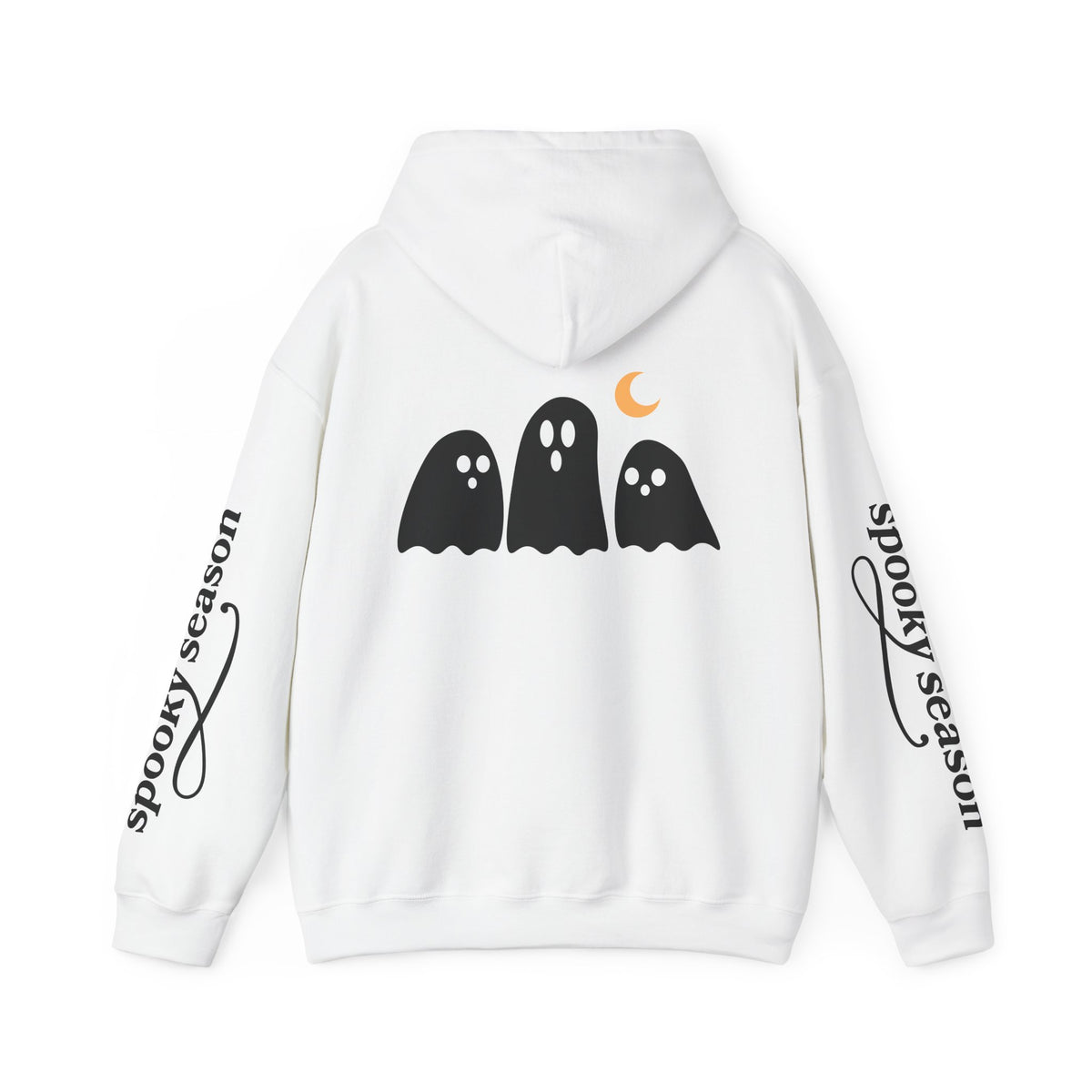 Spooky Season Ghosts Hoodie — Cute Halloween Pullover with Sleeve Text