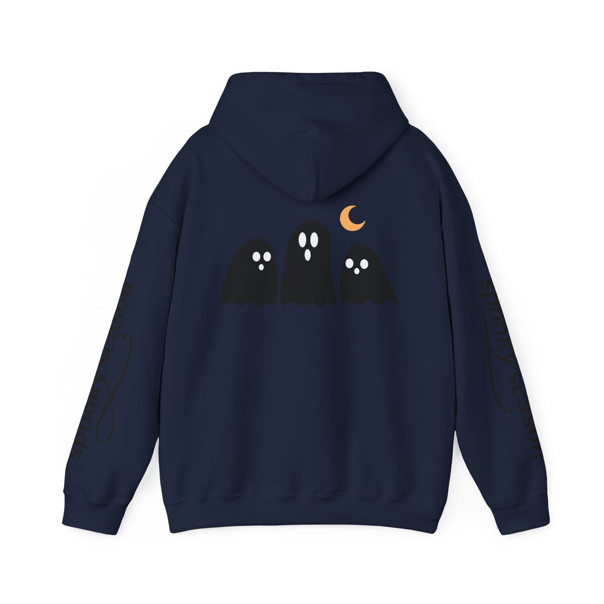 Spooky Season Ghosts Hoodie — Cute Halloween Pullover with Sleeve Text
