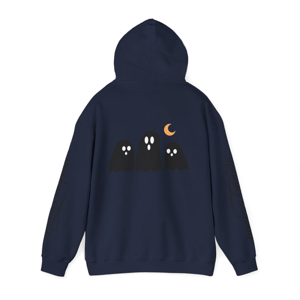 Spooky Season Ghosts Hoodie — Cute Halloween Pullover with Sleeve Text