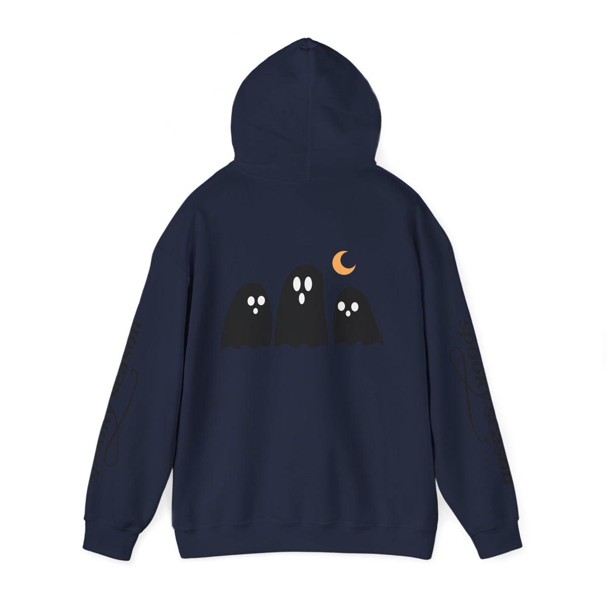 Spooky Season Ghosts Hoodie — Cute Halloween Pullover with Sleeve Text