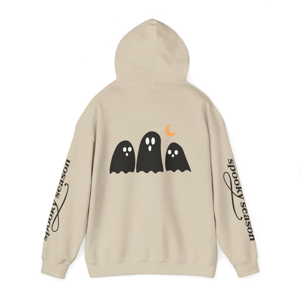 Spooky Season Ghosts Hoodie — Cute Halloween Pullover with Sleeve Text