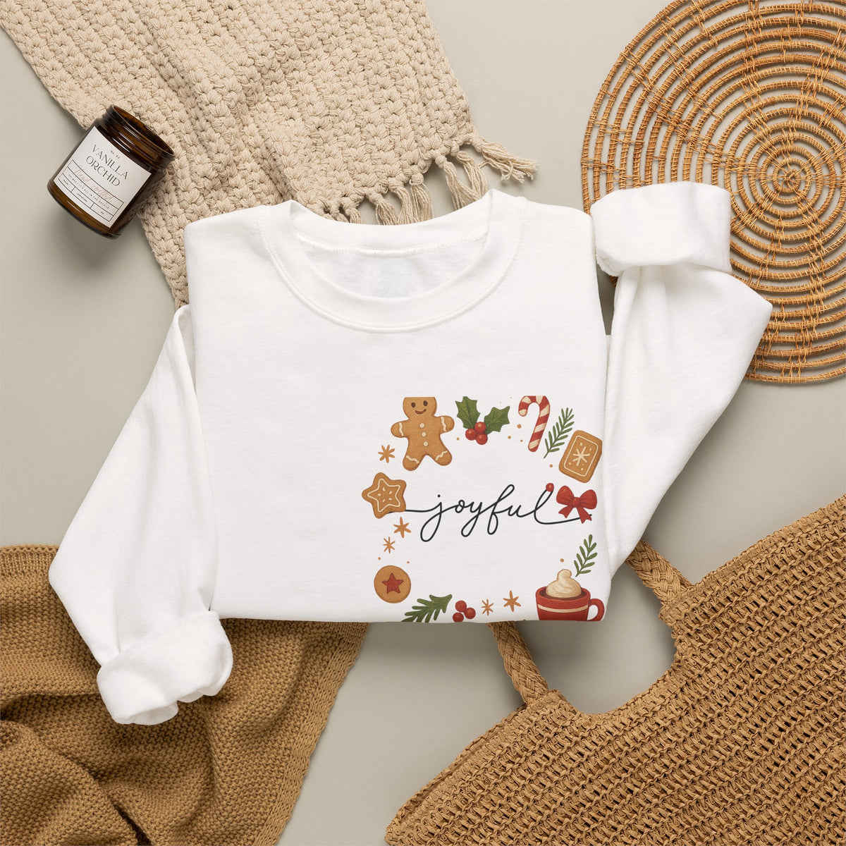 Cozy Christmas Wreath Sweatshirt — "Joyful" Holiday Cookie & Cocoa Crewneck