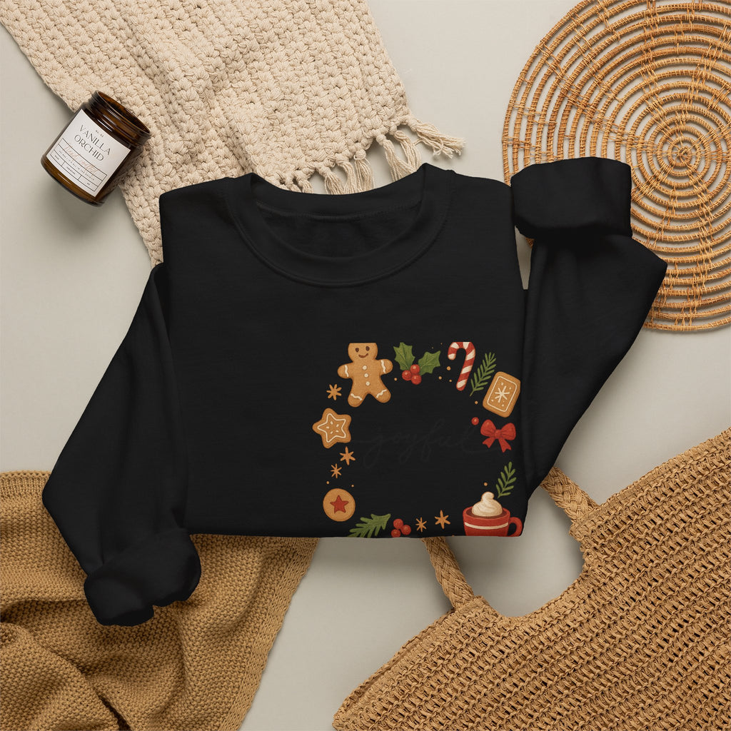 Cozy Christmas Wreath Sweatshirt — "Joyful" Holiday Cookie & Cocoa Crewneck