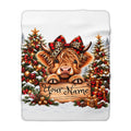 “Heifer Christmas Series”, Personalized Highland Cow Sherpa Blanket — Custom Name Christmas Plaid Cow Throw