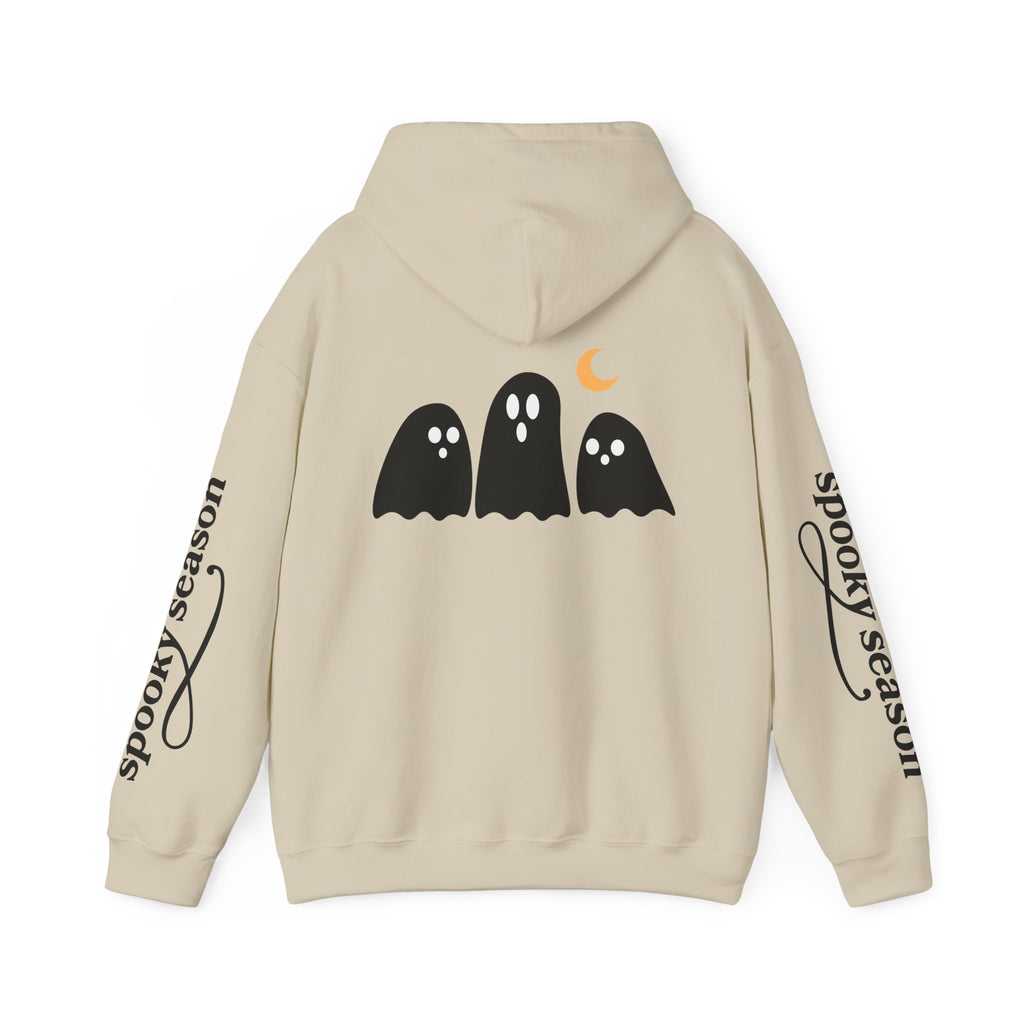 Spooky Season Ghosts Hoodie — Cute Halloween Pullover with Sleeve Text