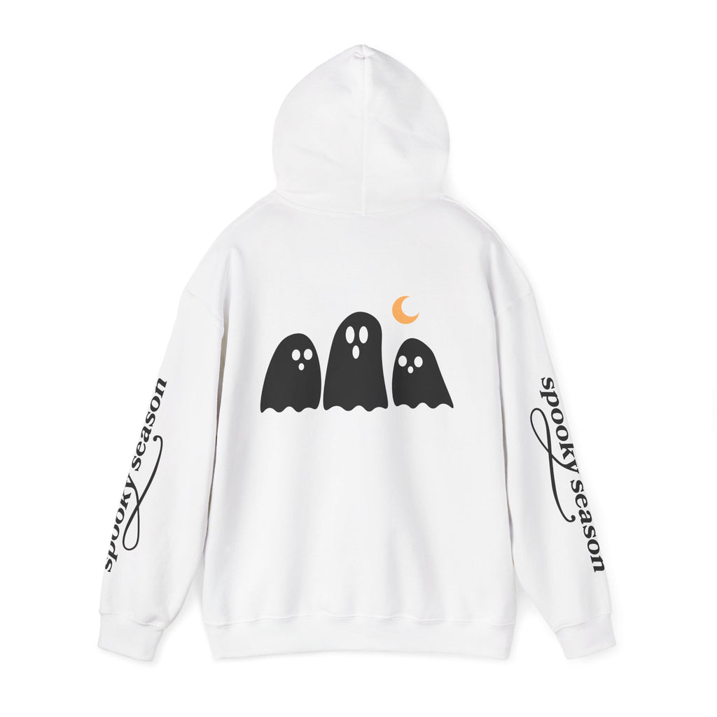 Spooky Season Ghosts Hoodie — Cute Halloween Pullover with Sleeve Text