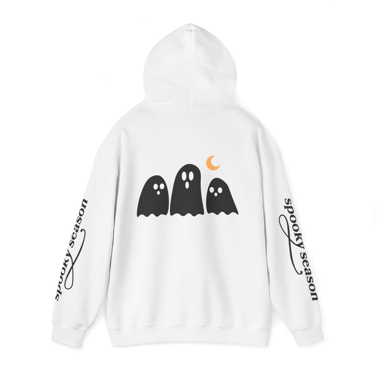 Spooky Season Ghosts Hoodie — Cute Halloween Pullover with Sleeve Text