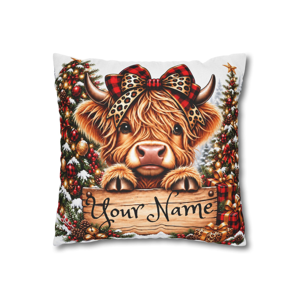 “Heifer Christmas Series”, Personalized Highland Cow Christmas Pillowcase — Spun Polyester Square Pillow