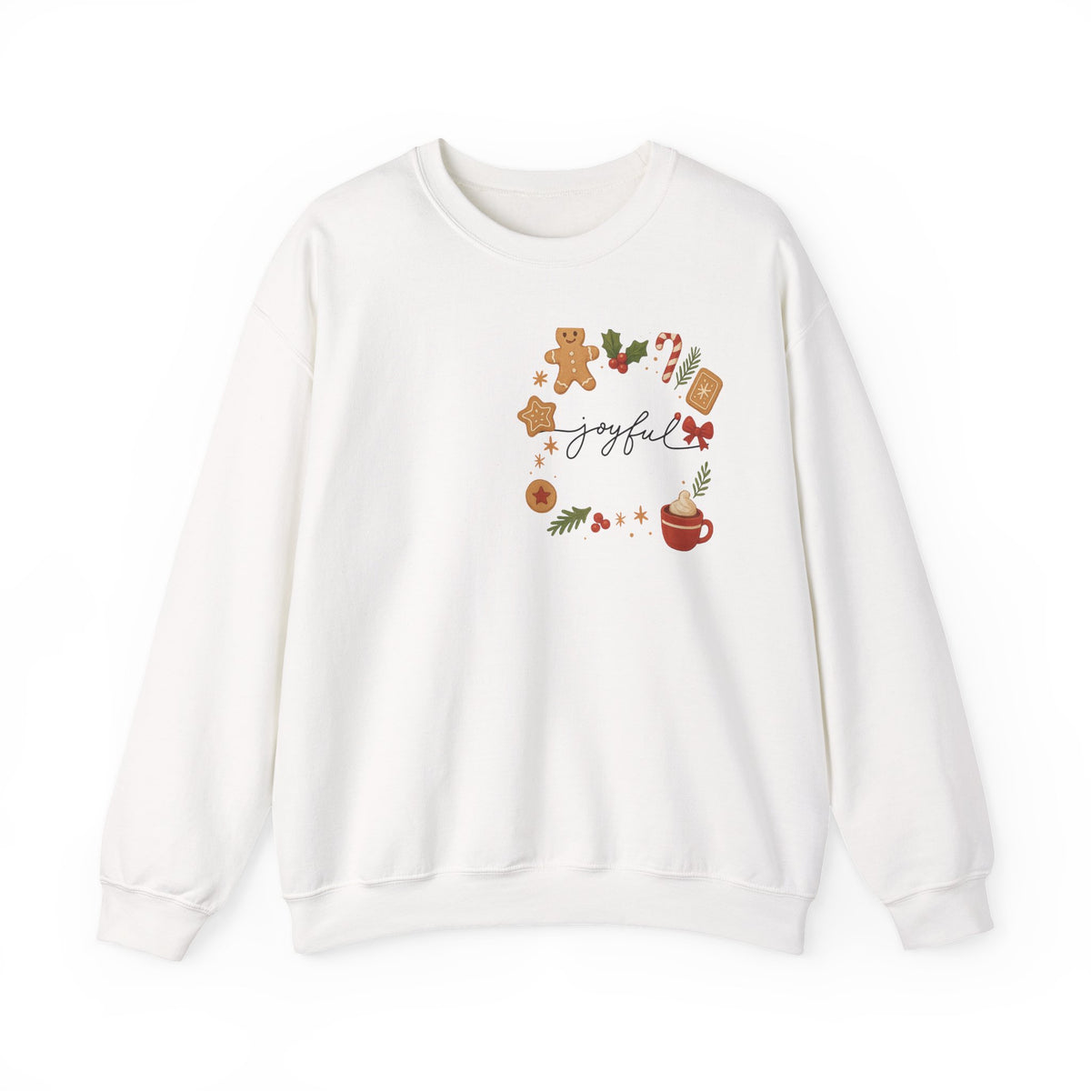 Cozy Christmas Wreath Sweatshirt — "Joyful" Holiday Cookie & Cocoa Crewneck