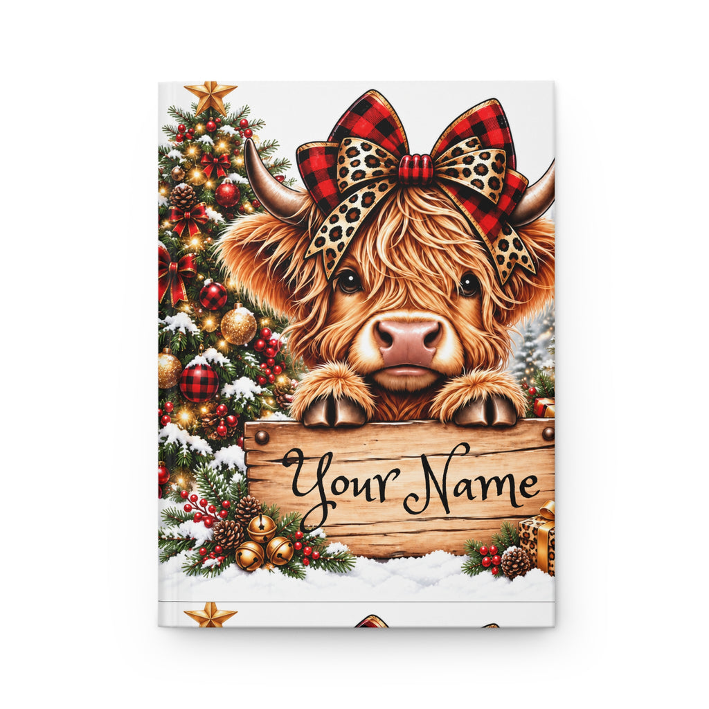 Christmas Highland Cow Hardcover Journal — Personalized "Your Name" Lined Notebook