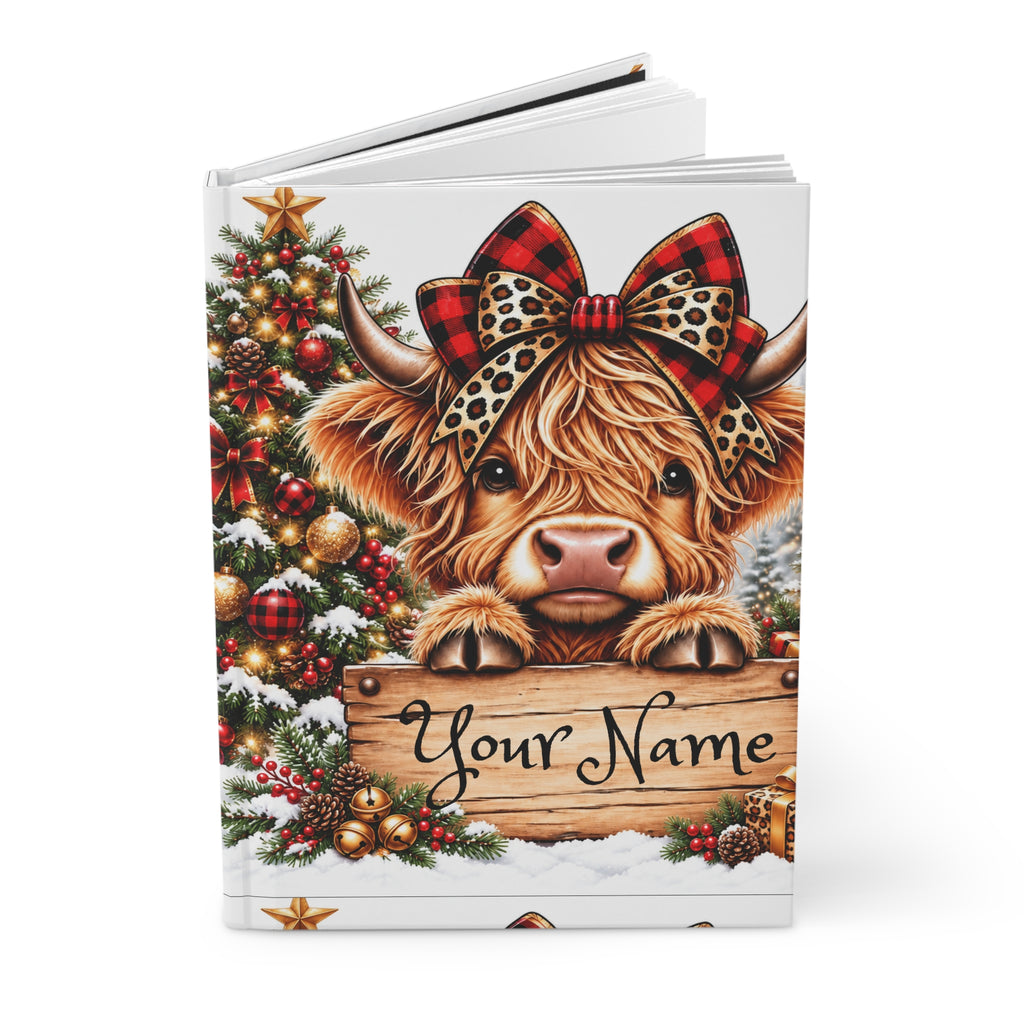 Christmas Highland Cow Hardcover Journal — Personalized "Your Name" Lined Notebook