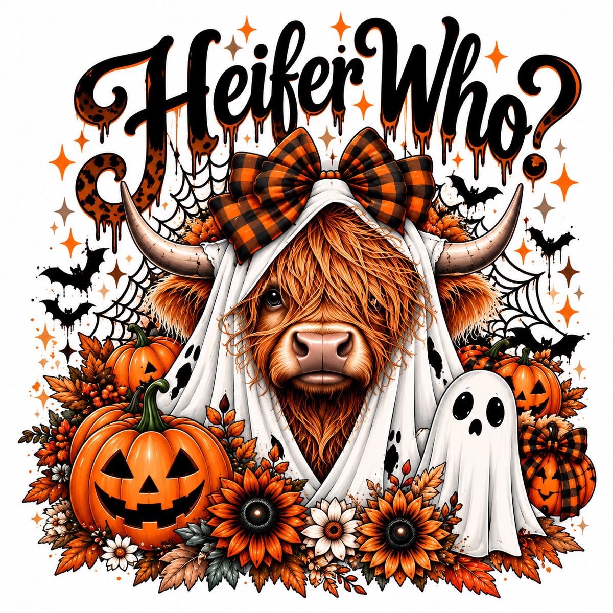 Heifer Who? Halloween Cow Hoodie — Cute Spooky Pumpkin & Ghost Graphic