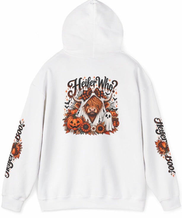 Heifer Who? Halloween Cow Hoodie — Cute Spooky Pumpkin & Ghost Graphic