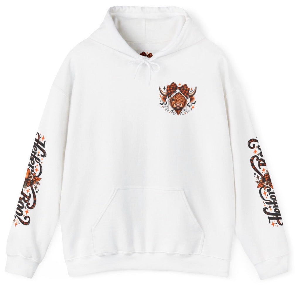 Heifer Who? Halloween Cow Hoodie — Cute Spooky Pumpkin & Ghost Graphic