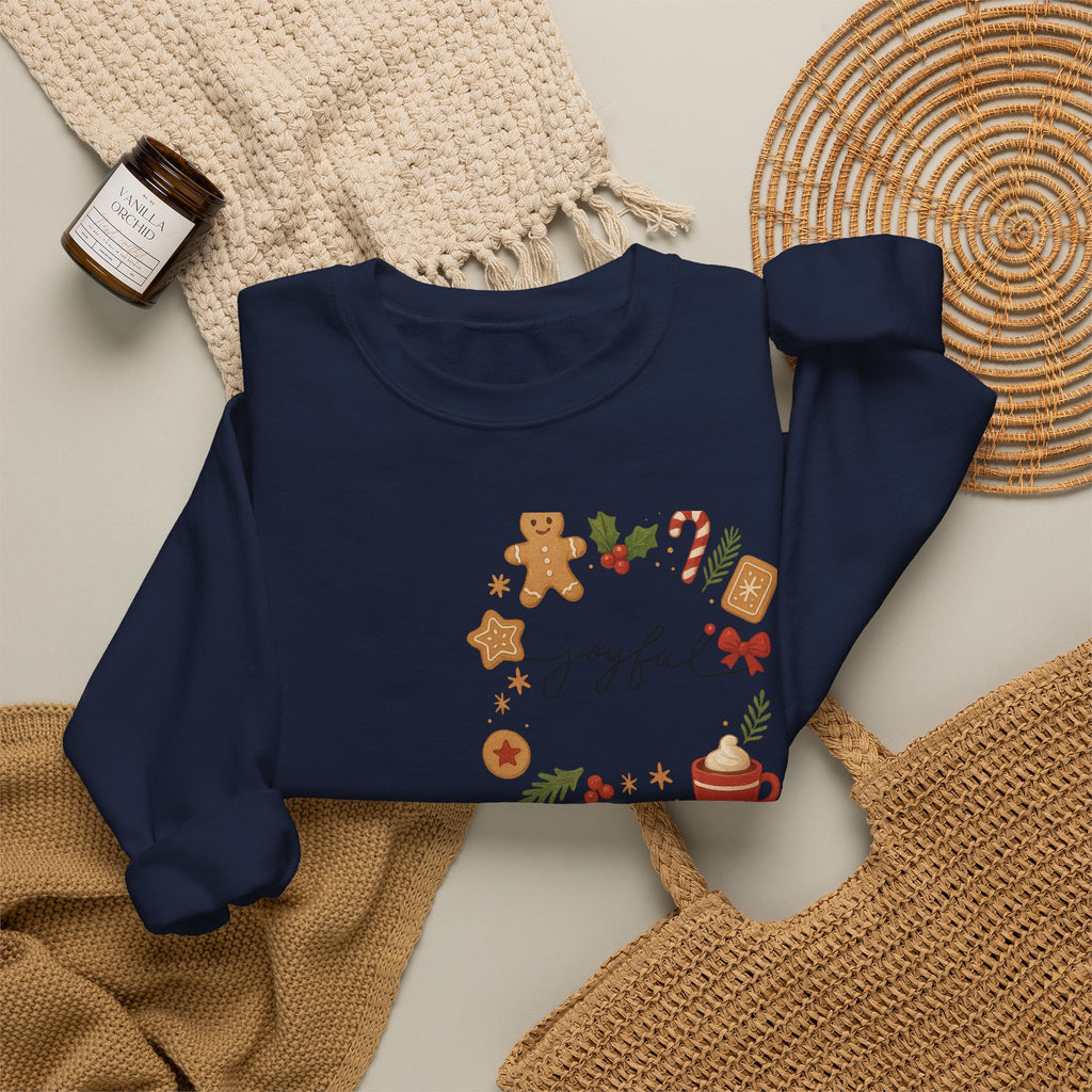 Cozy Christmas Wreath Sweatshirt — "Joyful" Holiday Cookie & Cocoa Crewneck
