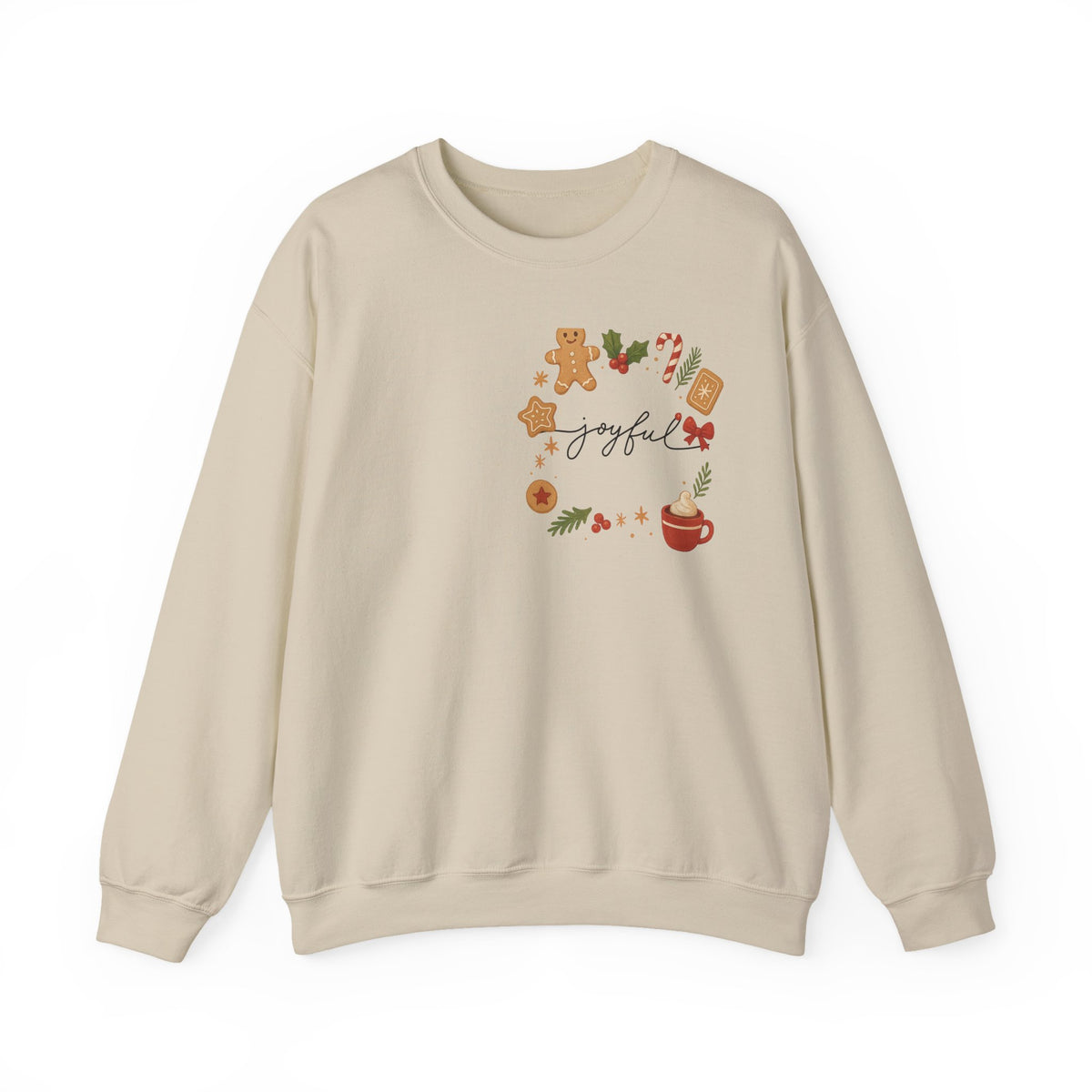 Cozy Christmas Wreath Sweatshirt — "Joyful" Holiday Cookie & Cocoa Crewneck