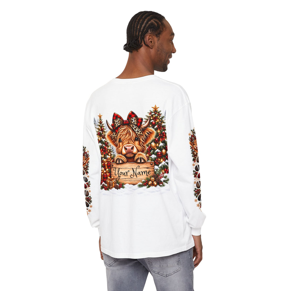 Christmas Highland Cow Long Sleeve Shirt — Personalized ‘Your Name’ Holiday Tee