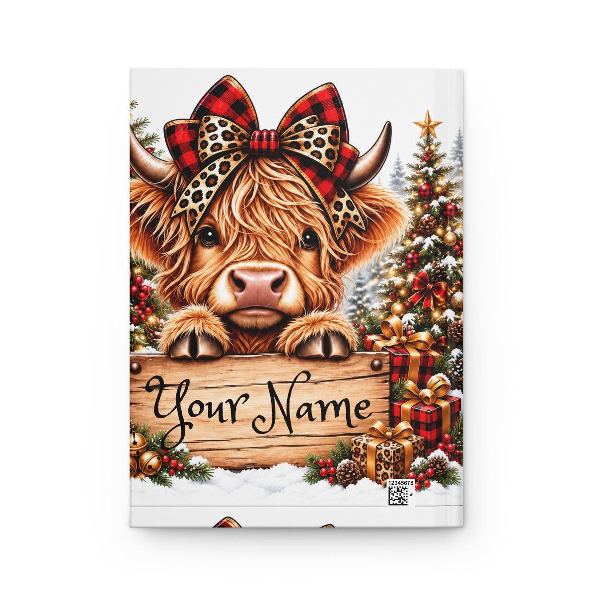 Christmas Highland Cow Hardcover Journal — Personalized "Your Name" Lined Notebook