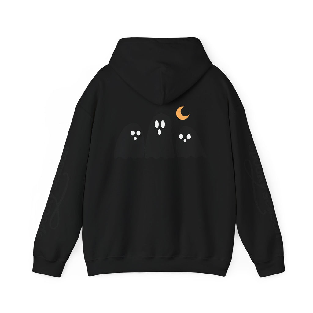 Spooky Season Ghosts Hoodie — Cute Halloween Pullover with Sleeve Text