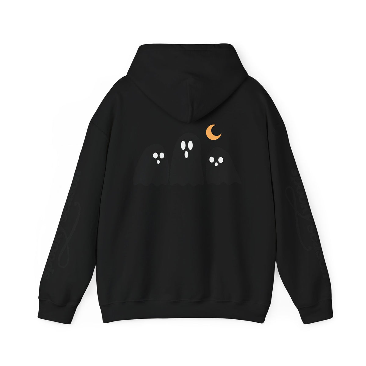 Spooky Season Ghosts Hoodie — Cute Halloween Pullover with Sleeve Text