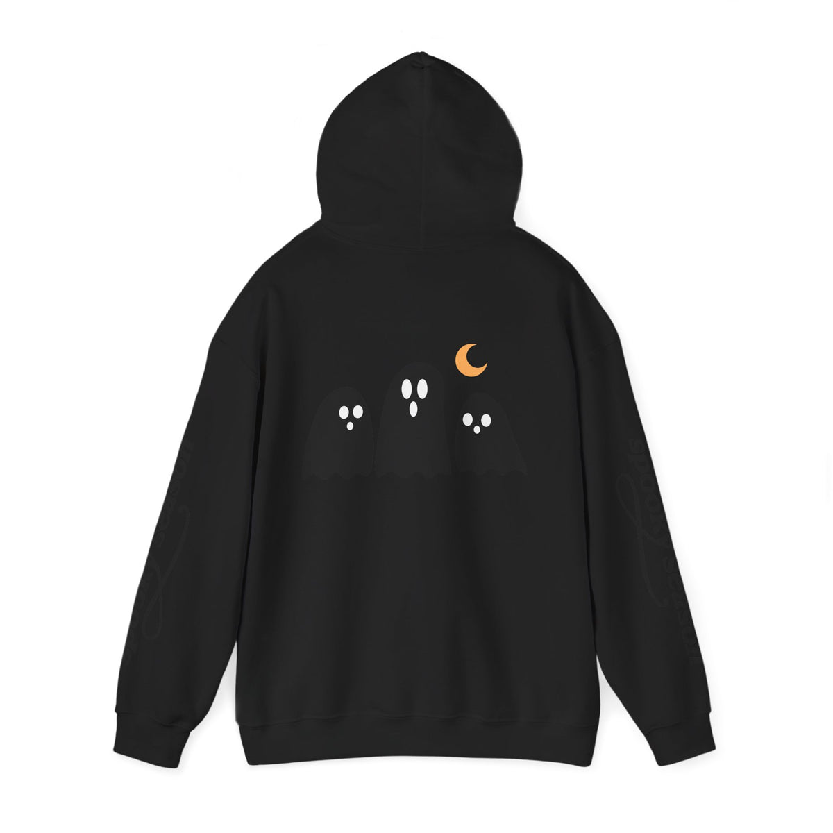 Spooky Season Ghosts Hoodie — Cute Halloween Pullover with Sleeve Text