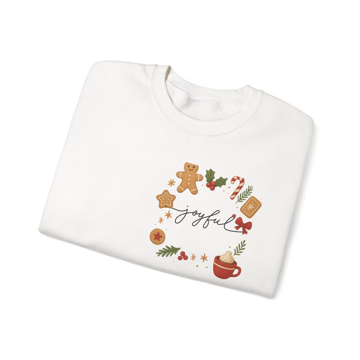 Cozy Christmas Wreath Sweatshirt — "Joyful" Holiday Cookie & Cocoa Crewneck