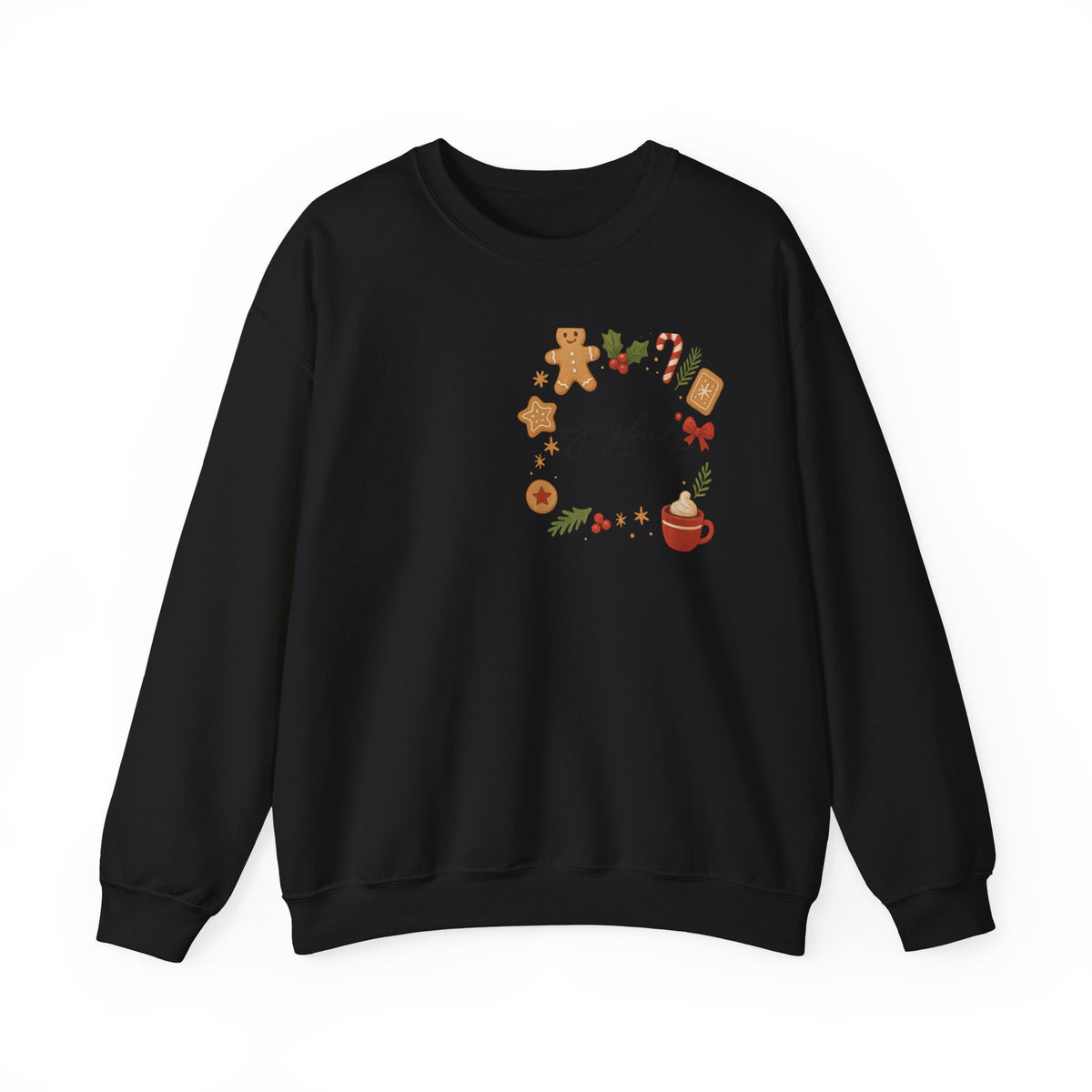 Cozy Christmas Wreath Sweatshirt — "Joyful" Holiday Cookie & Cocoa Crewneck