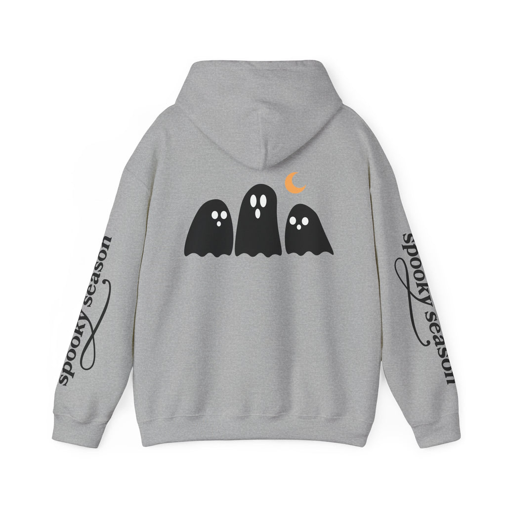 Spooky Season Ghosts Hoodie — Cute Halloween Pullover with Sleeve Text