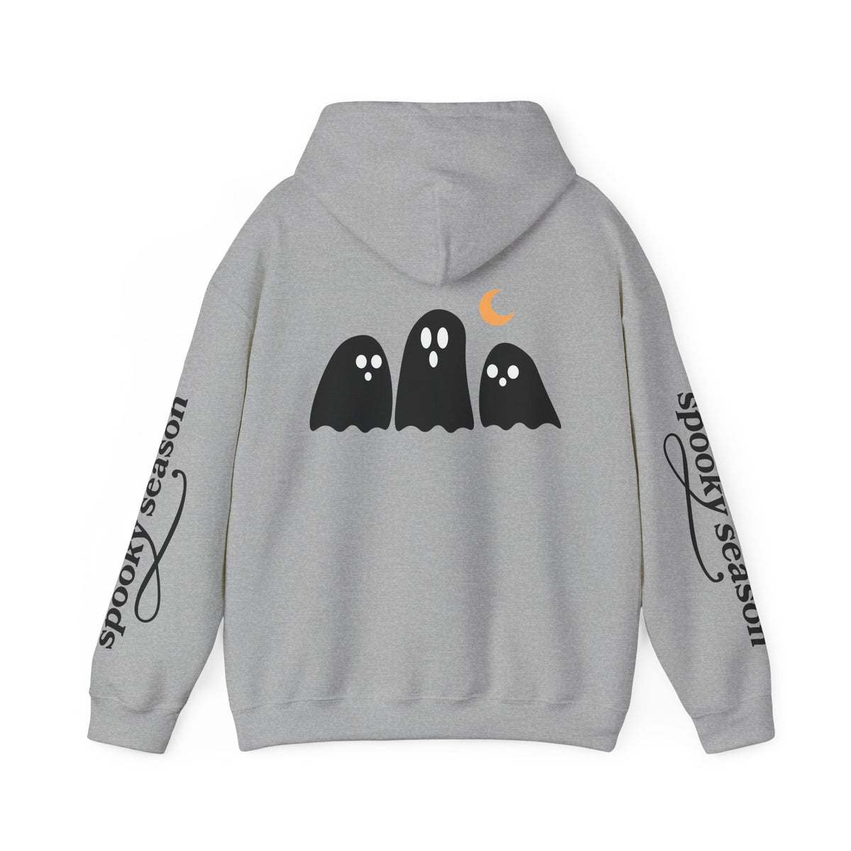 Spooky Season Ghosts Hoodie — Cute Halloween Pullover with Sleeve Text