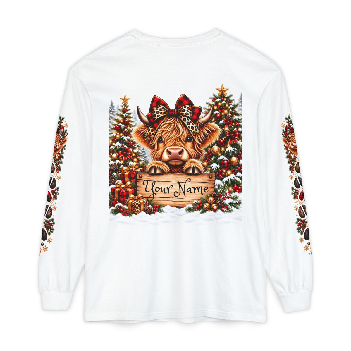 Christmas Highland Cow Long Sleeve Shirt — Personalized ‘Your Name’ Holiday Tee
