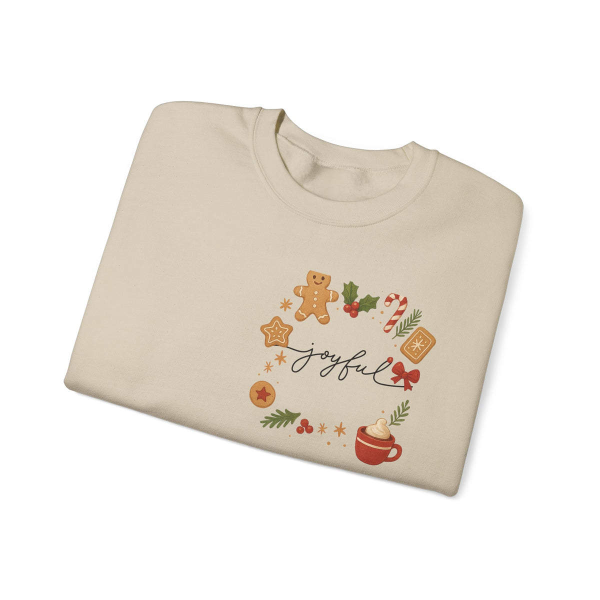Cozy Christmas Wreath Sweatshirt — "Joyful" Holiday Cookie & Cocoa Crewneck