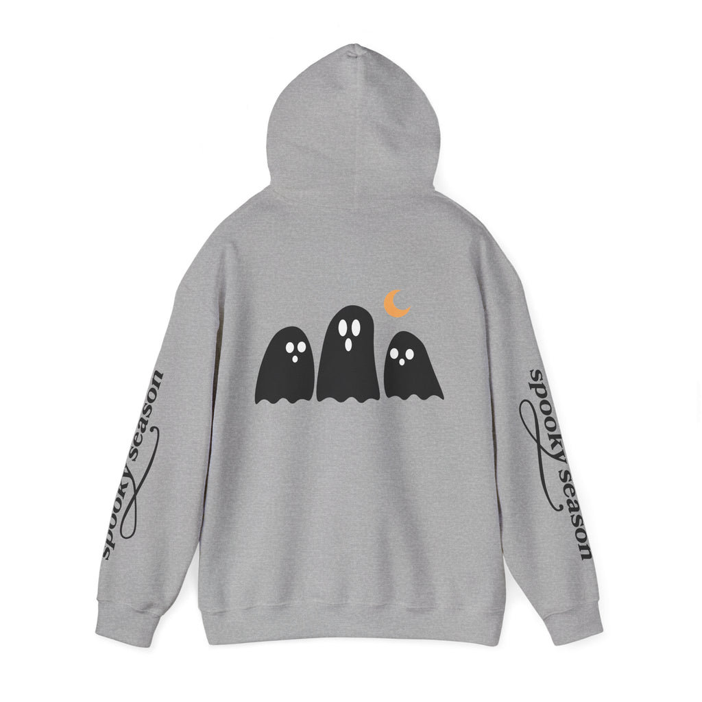 Spooky Season Ghosts Hoodie — Cute Halloween Pullover with Sleeve Text