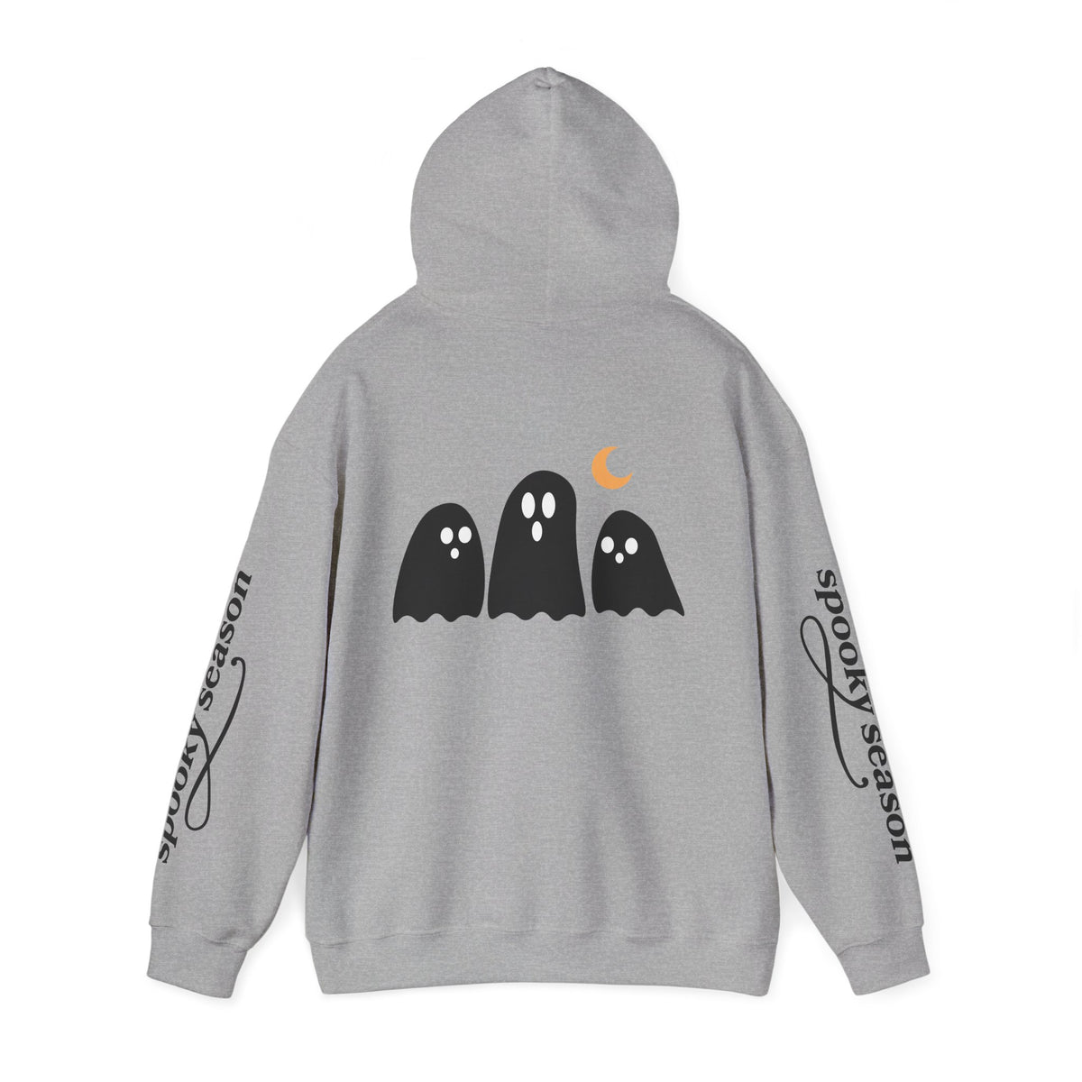 Spooky Season Ghosts Hoodie — Cute Halloween Pullover with Sleeve Text